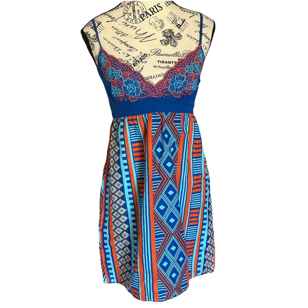 Women Vintage Flying Tomato Orange & Blue Halter Mini Dress  S Y2K Aztec Print